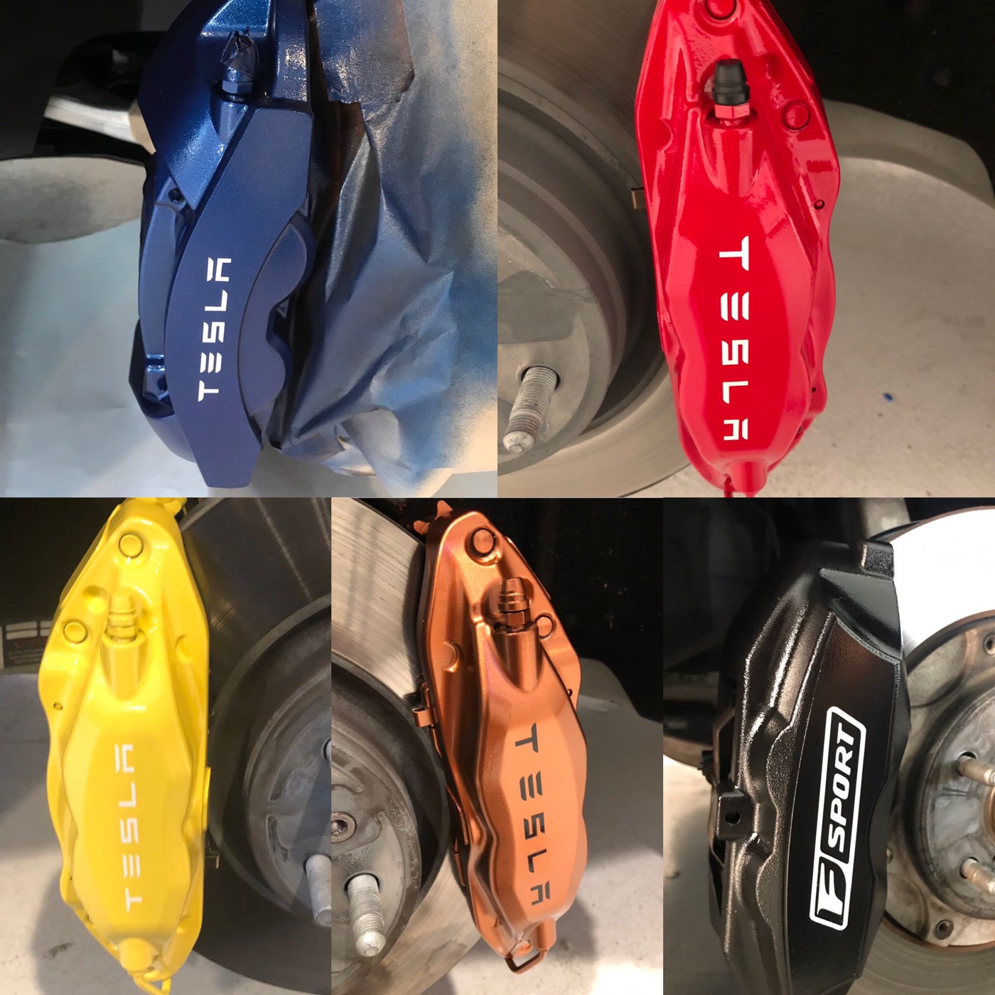 Custom brake calipers in blue, red, yellow, copper, and black finishes