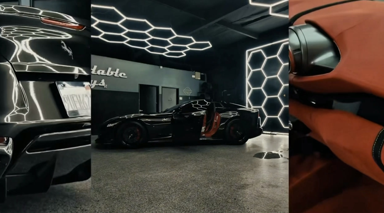 Black Ferrari collage showing the rear exterior, side profile in the shop, and red interior details